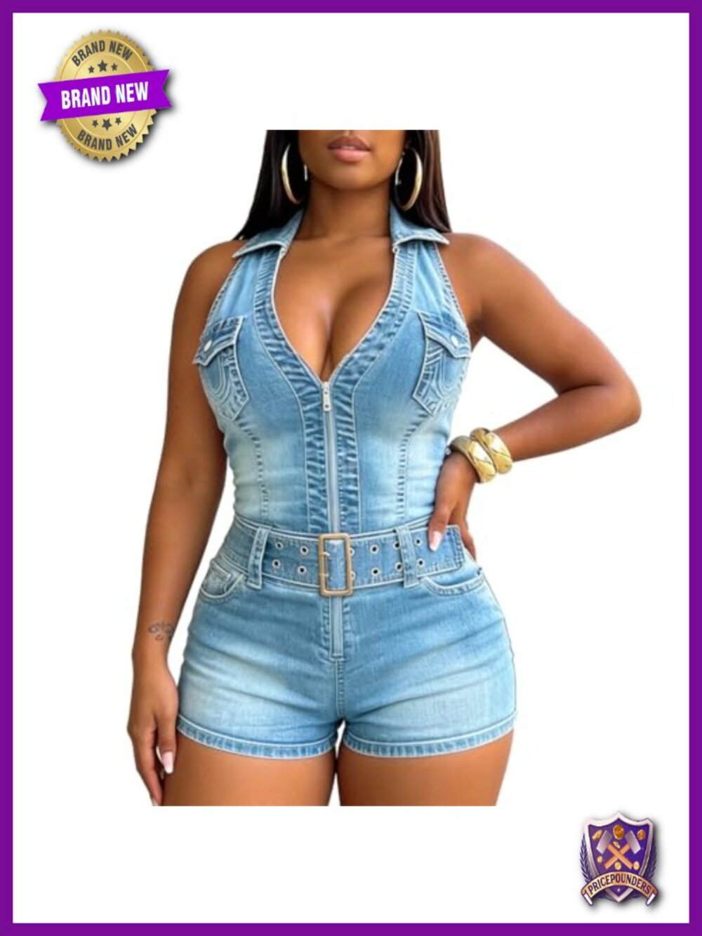 Sleeveless Halter V Neck Denim Jumpsuit with Belt Short Slim Fit Romper